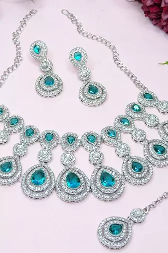 teal Green rhodium premium designer american diamond and stone work necklace set
