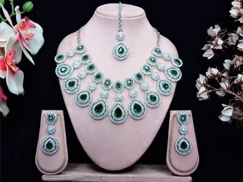 Green rhodium premium designer american diamond and stone work necklace set 1
