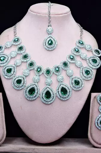 Green rhodium premium designer american diamond and stone work necklace set