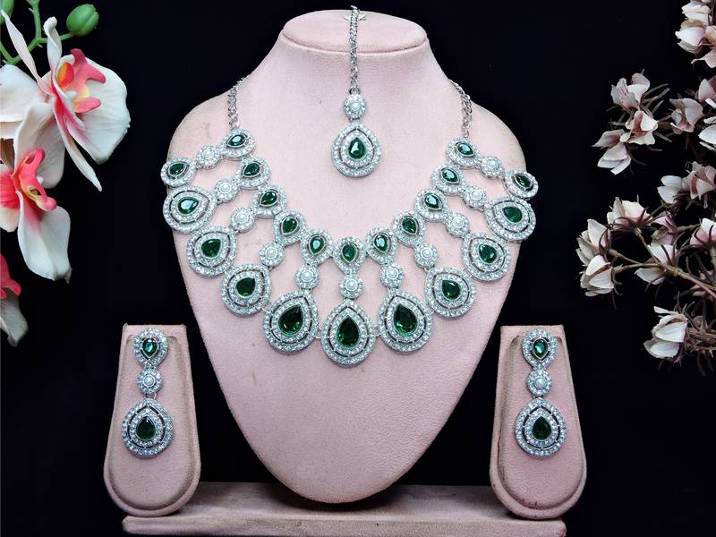 Green rhodium premium designer american diamond and stone work necklace set