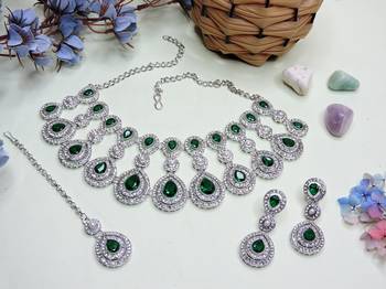 Green rhodium premium designer american diamond and stone work necklace set 2
