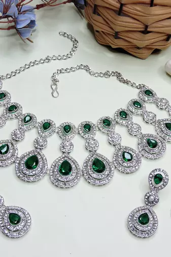 Green rhodium premium designer american diamond and stone work necklace set