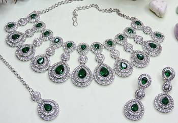 Green rhodium premium designer american diamond and stone work necklace set 3