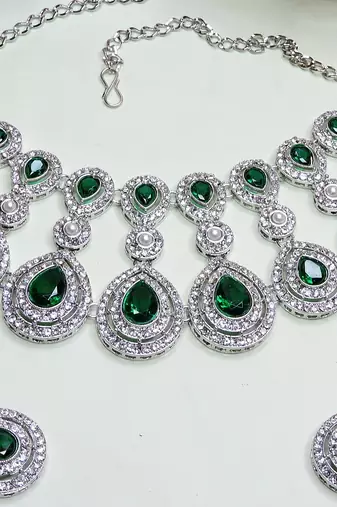 Green rhodium premium designer american diamond and stone work necklace set