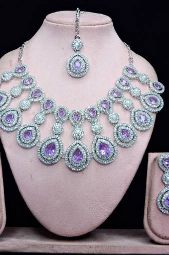 Purple rhodium premium designer american diamond and stone work necklace set