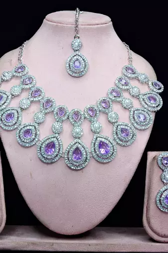 Purple rhodium premium designer american diamond and stone work necklace set