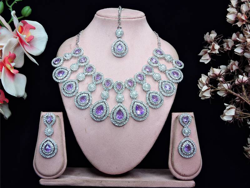 Purple rhodium premium designer american diamond and stone work necklace set