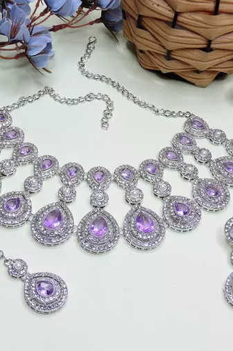 Purple rhodium premium designer american diamond and stone work necklace set
