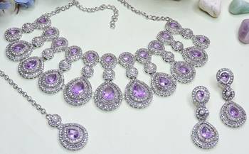 Purple rhodium premium designer american diamond and stone work necklace set 3