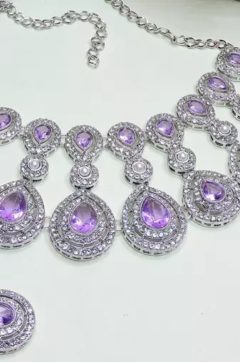 Purple rhodium premium designer american diamond and stone work necklace set