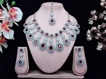 Maroon rhodium premium designer american diamond and stone work necklace set 1
