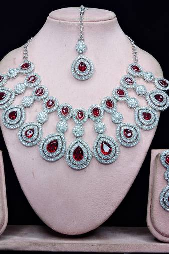 Maroon rhodium premium designer american diamond and stone work necklace set