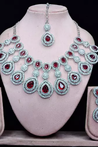 Maroon rhodium premium designer american diamond and stone work necklace set