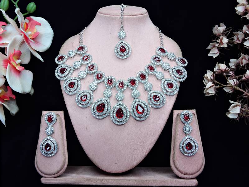 Maroon rhodium premium designer american diamond and stone work necklace set