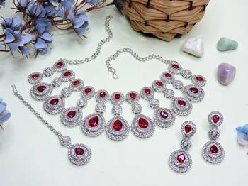 Maroon rhodium premium designer american diamond and stone work necklace set 2