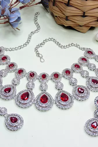 Maroon rhodium premium designer american diamond and stone work necklace set