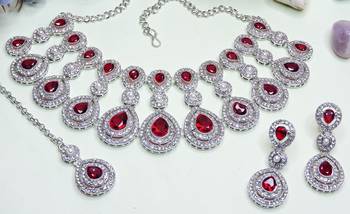 Maroon rhodium premium designer american diamond and stone work necklace set 3
