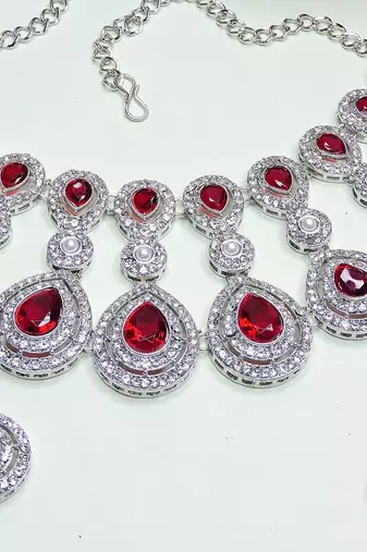 Maroon rhodium premium designer american diamond and stone work necklace set