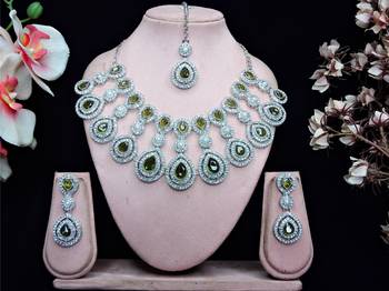 Green rhodium premium designer american diamond and stone work necklace set 1