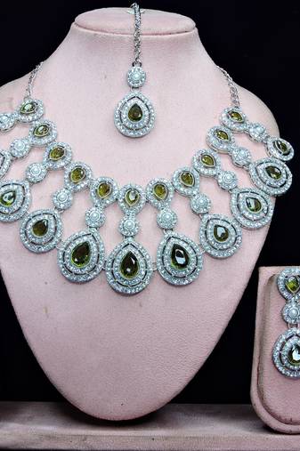 Green rhodium premium designer american diamond and stone work necklace set