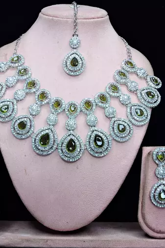 Green rhodium premium designer american diamond and stone work necklace set