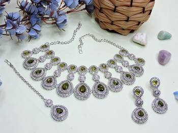 Green rhodium premium designer american diamond and stone work necklace set 2