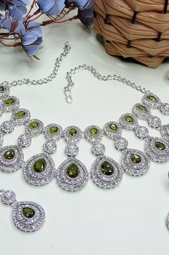 Green rhodium premium designer american diamond and stone work necklace set