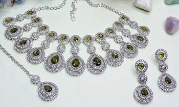 Green rhodium premium designer american diamond and stone work necklace set 3