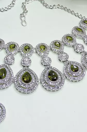 Green rhodium premium designer american diamond and stone work necklace set