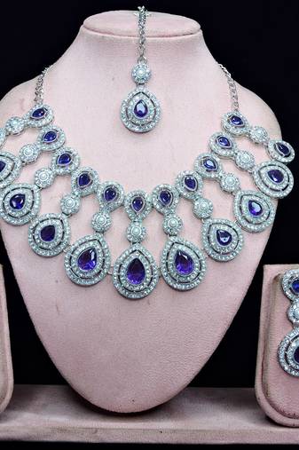Blue rhodium premium designer american diamond and stone work necklace set