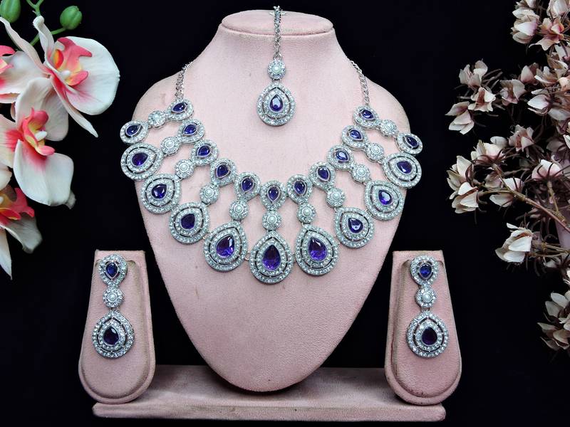 Blue rhodium premium designer american diamond and stone work necklace set