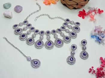 Blue rhodium premium designer american diamond and stone work necklace set 2