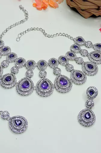 Blue rhodium premium designer american diamond and stone work necklace set
