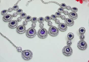 Blue rhodium premium designer american diamond and stone work necklace set 3
