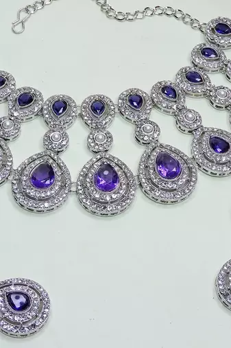 Blue rhodium premium designer american diamond and stone work necklace set