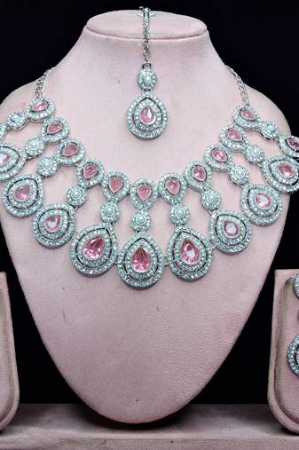 Pink rhodium premium designer american diamond and stone work necklace set