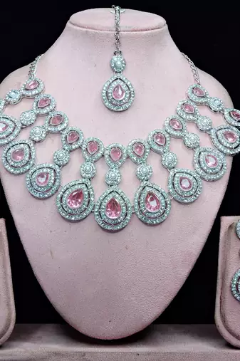Pink rhodium premium designer american diamond and stone work necklace set