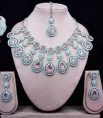 Pink rhodium premium designer american diamond and stone work necklace set