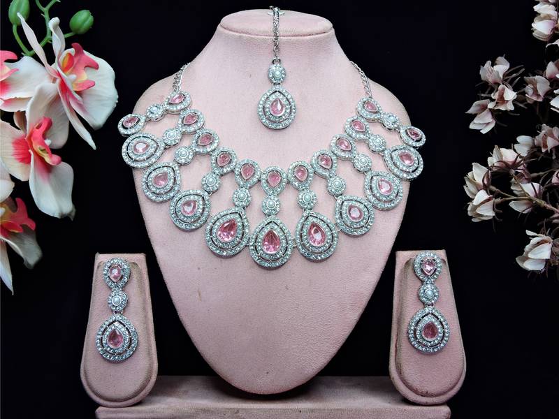 Pink rhodium premium designer american diamond and stone work necklace set