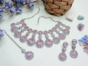 Pink rhodium premium designer american diamond and stone work necklace set 2