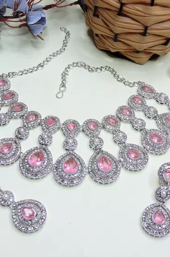 Pink rhodium premium designer american diamond and stone work necklace set