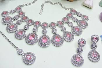 Pink rhodium premium designer american diamond and stone work necklace set 3