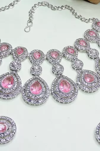 Pink rhodium premium designer american diamond and stone work necklace set