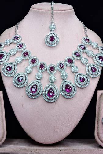 Purple rhodium premium designer american diamond and stone work necklace set