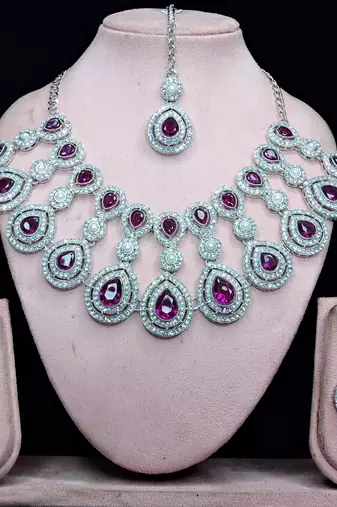 Purple rhodium premium designer american diamond and stone work necklace set