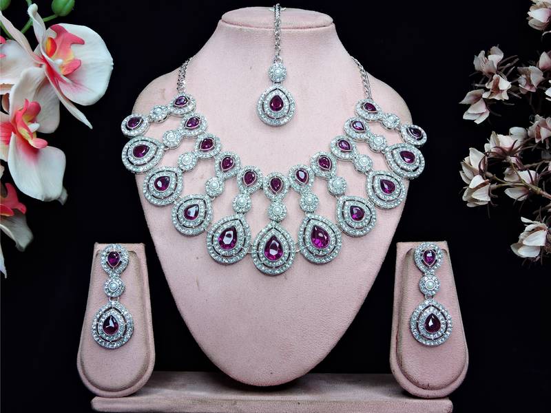 Purple rhodium premium designer american diamond and stone work necklace set