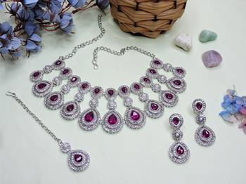 Purple rhodium premium designer american diamond and stone work necklace set 2