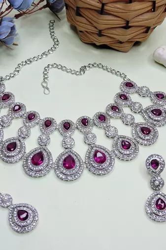 Purple rhodium premium designer american diamond and stone work necklace set