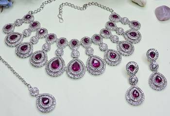 Purple rhodium premium designer american diamond and stone work necklace set 3