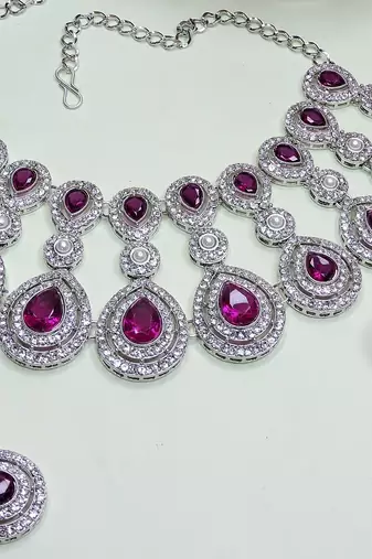 Purple rhodium premium designer american diamond and stone work necklace set
